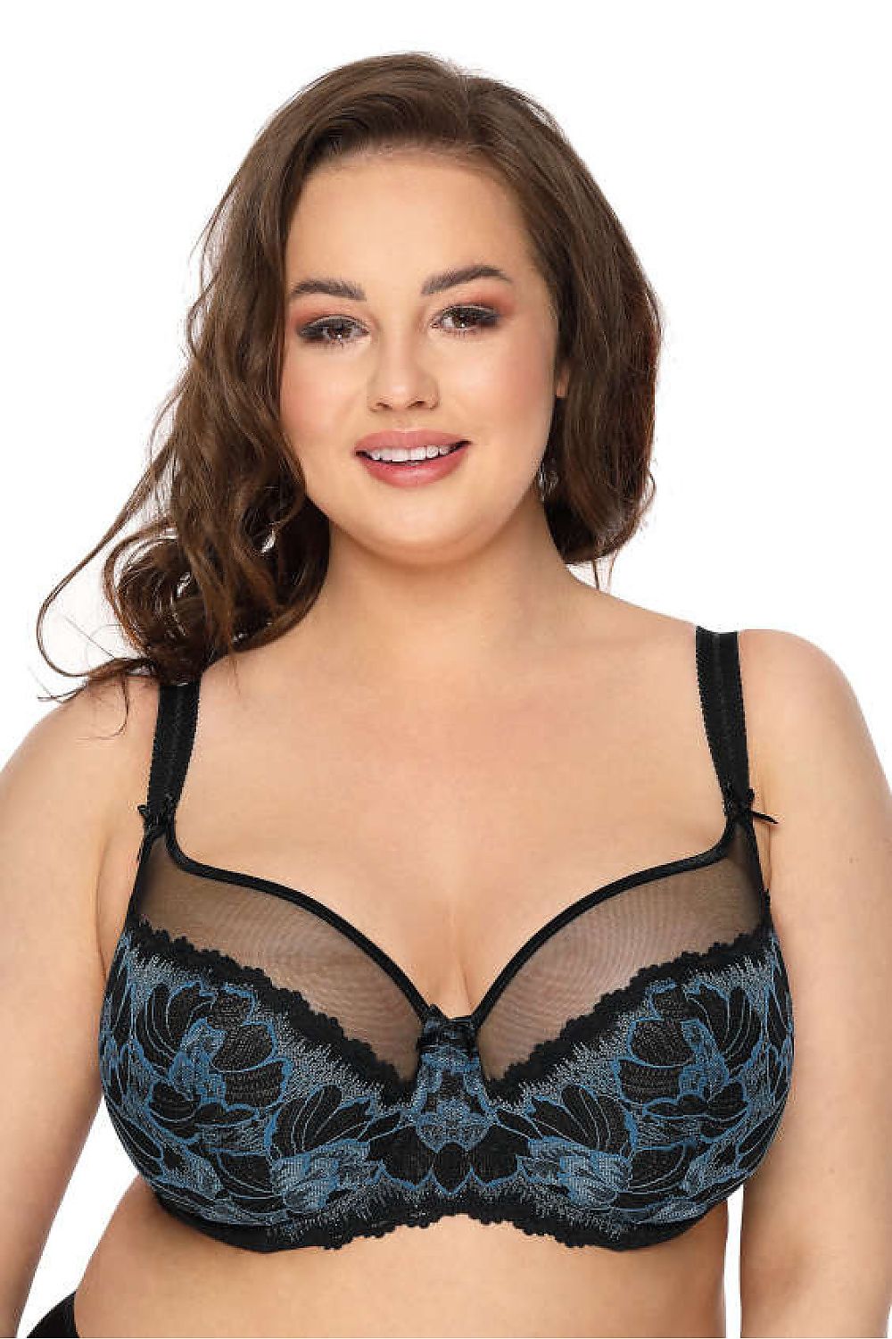 Elegant Angel Bra by Mat in luxurious black and navy blue lace and mesh design, featuring embroidered tulle cups and decorative bows.