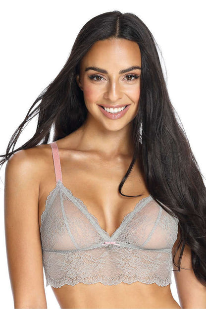 Luxury gray soft bra without underwire by Mat, featuring elegant lace cups and adjustable straps, suitable for sizes EU 36 to EU 42.
