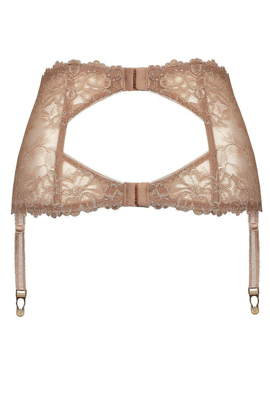 Seductive image of Mat's Luxe Lace Garter Belt showcasing tempting lace, knitted insert at the front, and adjustable straps for a perfect fit.