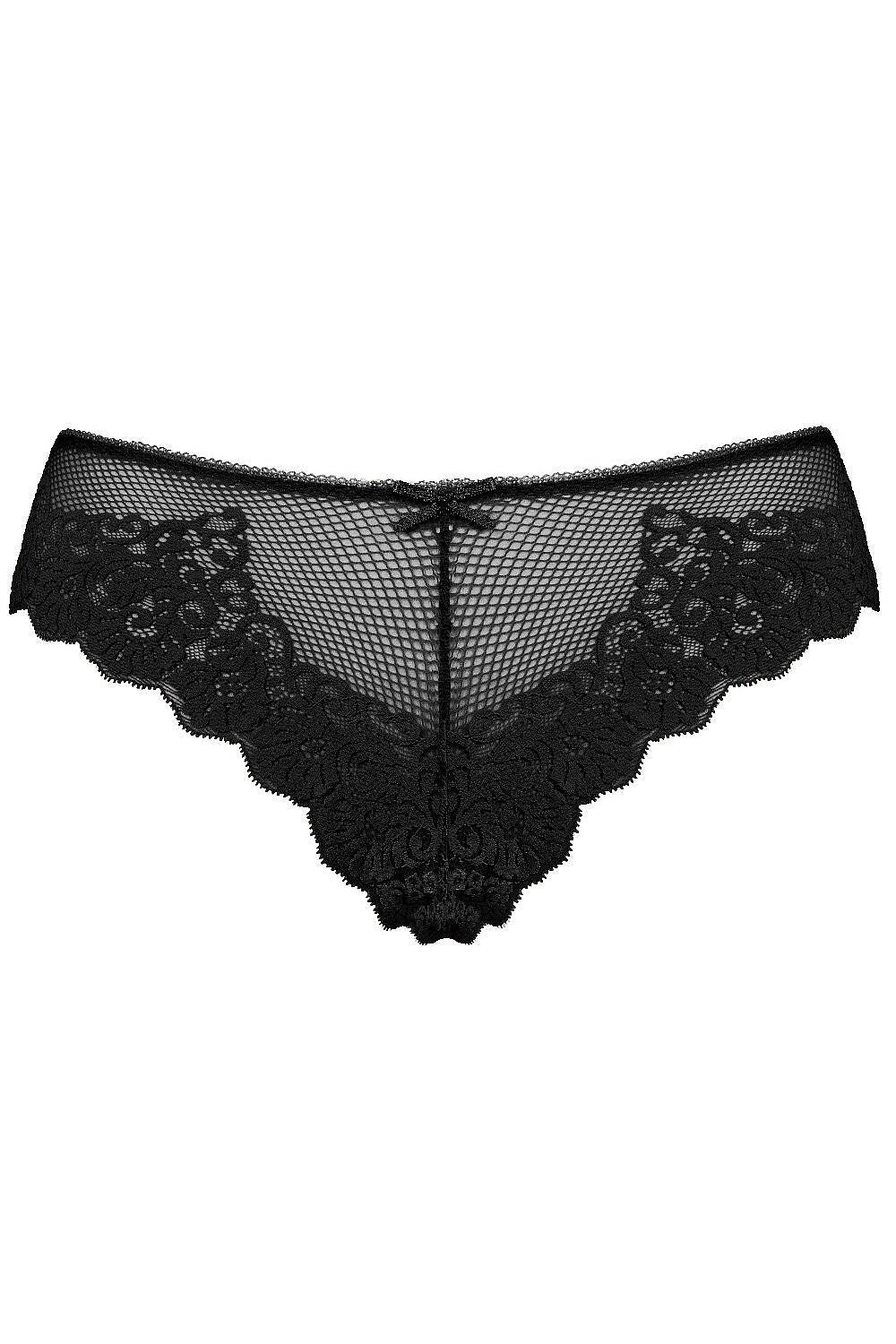 Luxurious Leyla Lace Thong Panties in Black by Mat, featuring a seductive see-through design and comfortable cotton gusset, available in EU sizes 36-44.