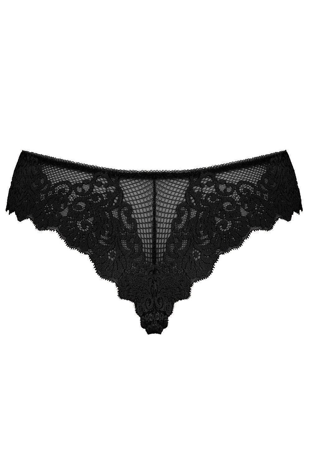 Elegant black lace thong panties from Mat, the Leyla model, showcasing a chic see-through style, perfect for enhancing feminine allure in EU sizes 36-44.