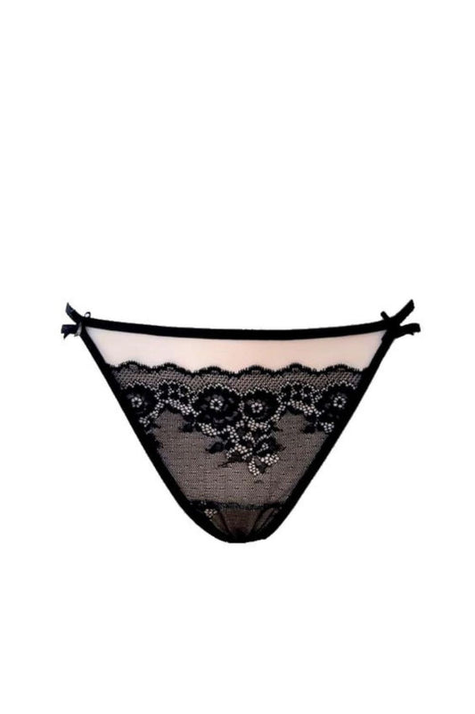 Elegant Hellen Transparent Lace T-back Thong Lingerie by Mat in captivating beige and black design, showcasing luxurious lace and mesh material alongside decorative tape accents and side stripes.