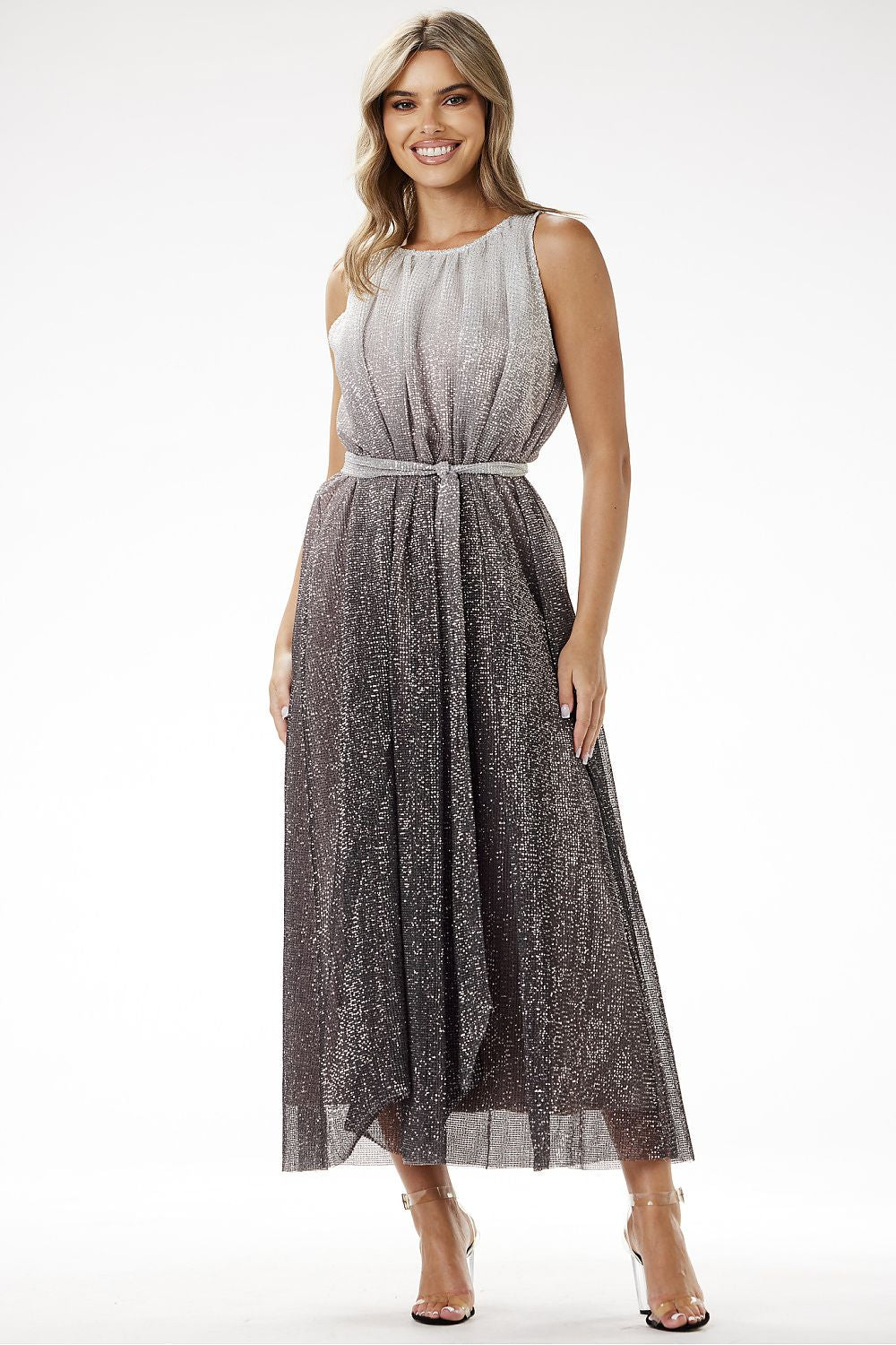 Elegant Ombre Sequin Knit Maxi Dress by Awama in stunning light grey to deep blue ombre, perfect for festive celebrations.