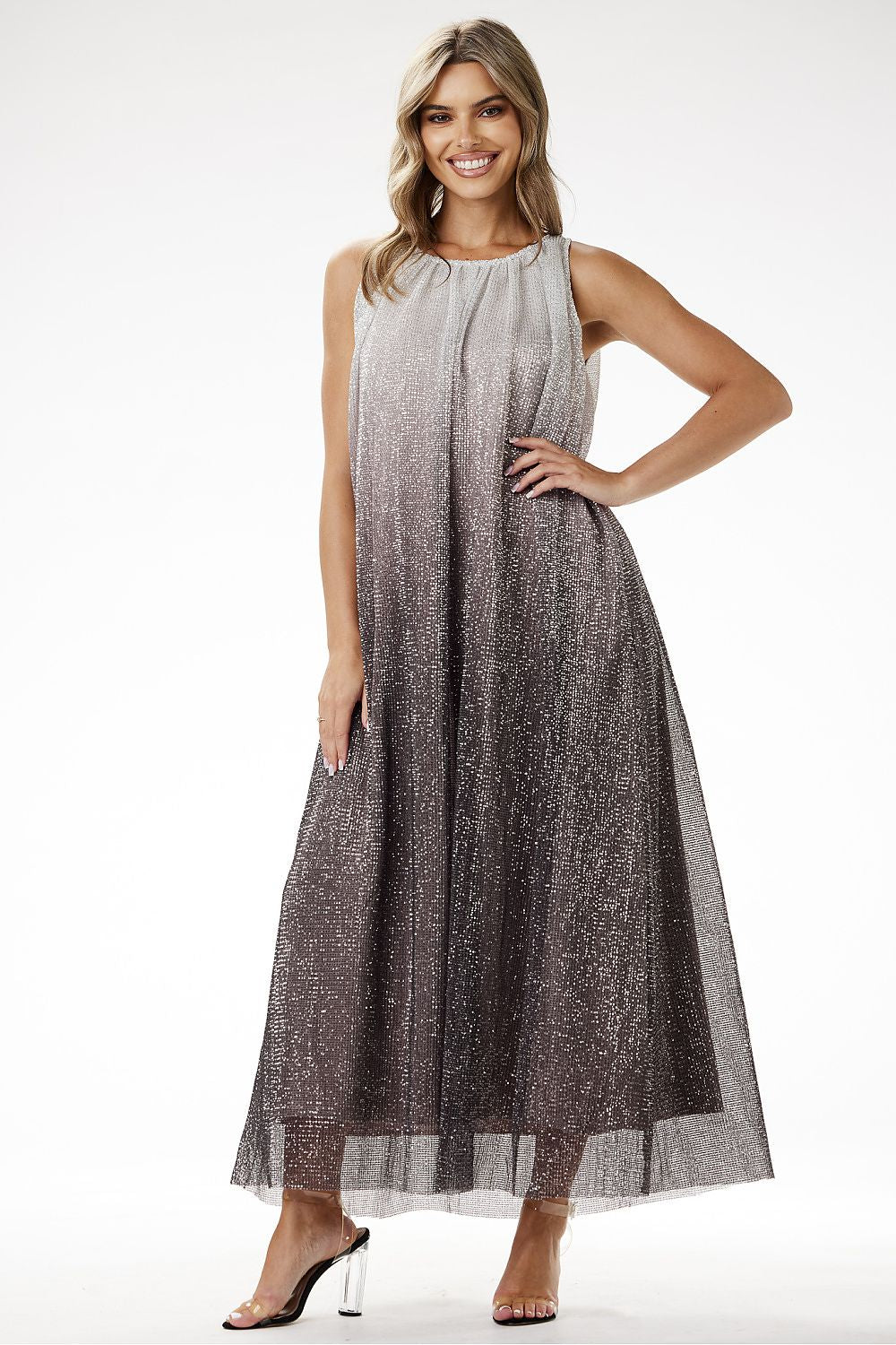 Close-up detail of Awama's Elegant Ombre Sequin Knit Maxi Dress showcasing shimmering sequins and luxurious fabric.