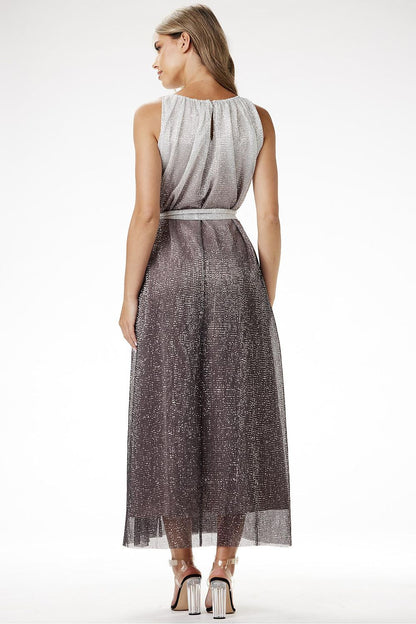Awama's Elegant Ombre Sequin Knit Maxi Dress displayed elegantly on a hanger, highlighting its fitted silhouette and satin lining.