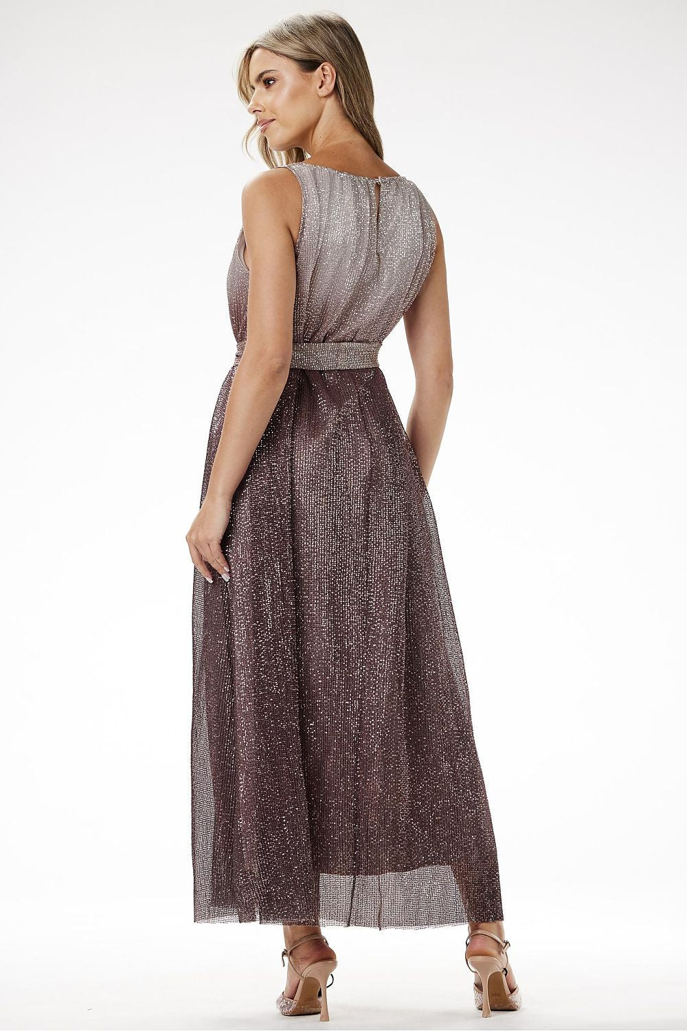 The stunning back view of the Elegant Ombre Sequin Knit Maxi Dress by awama, highlighting the fitted silhouette and elegant design ideal for weddings and formal events.