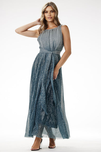 Elegant ombre sequin knit maxi dress by awama, showcasing a stunning gradient from light grey to deep blue, perfect for sophisticated celebrations.