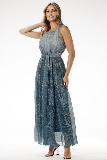 Model wearing the elegant ombre sequin knit maxi dress by awama, demonstrating its fitted silhouette and luxurious satin lining, ideal for evening events.