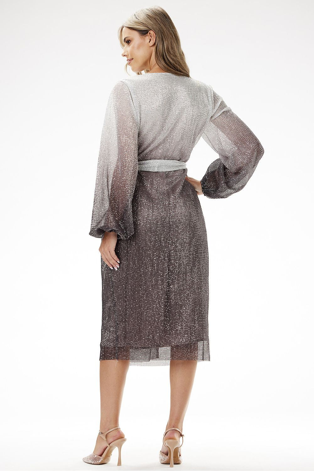 Elegant ombre sequin midi dress with long sleeves by awama, showcasing its unique light gray to deep blue gradient for sophisticated evening wear.