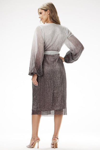 Elegant ombre sequin midi dress with long sleeves by awama, showcasing its unique light gray to deep blue gradient for sophisticated evening wear.