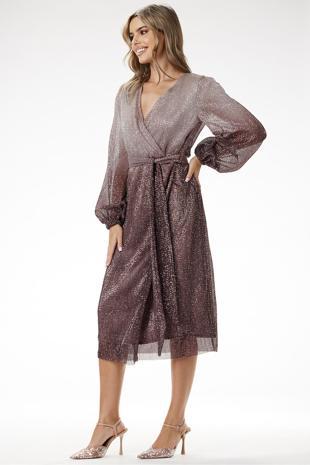 Elegant Ombre Sequin Midi Dress with Long Sleeves by awama in light gray to deep blue ombre, perfect for formal occasions.