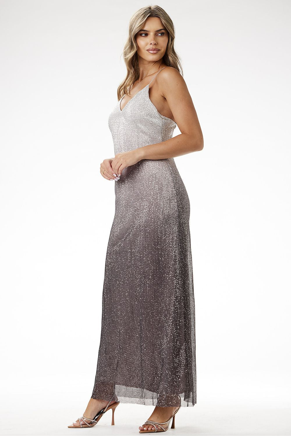 Elegant strapless sequin maxi dress with ombre effect by Awama, showcasing a delicate V neckline and fitted silhouette for a luxurious look.