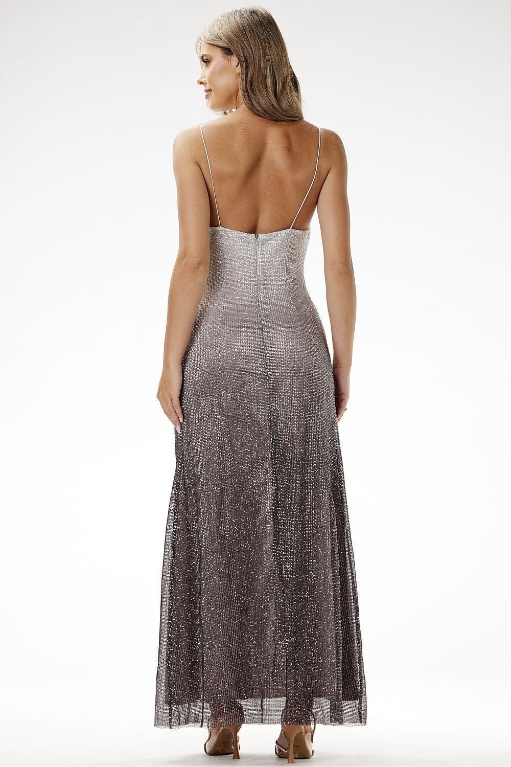 Awama's beautiful strapless ombre sequin maxi dress, perfect for special occasions with its stunning white to black gradient and open back design.