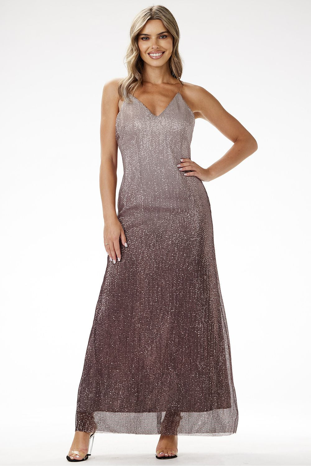 Feminine and chic strapless sequin maxi dress in ombre style by Awama, ideal for elegant parties and formal events, featuring a satin lining for comfort.