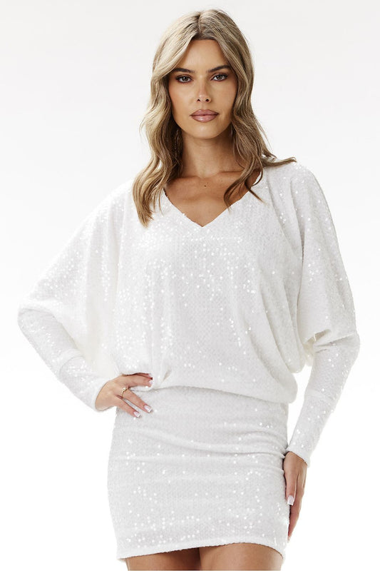 Stunning Elegantly Sparkling Kimono Sequin Mini Dress by Awama, featuring long kimono sleeves, a boat neckline, and a glamorous sequin design, perfect for special evening occasions.