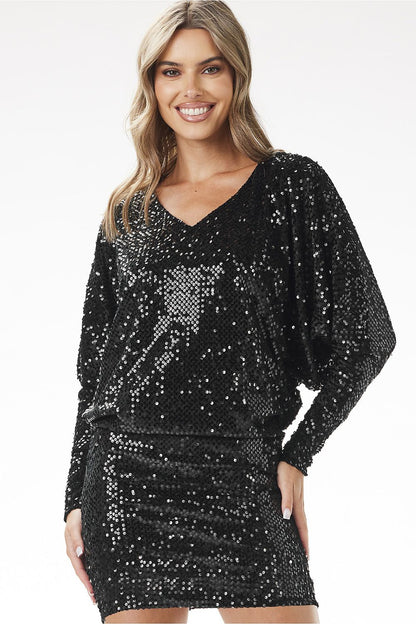 Elegantly Sparkling Kimono Sequin Mini Dress by awama, showcasing a stunning sequin design and long kimono sleeves, perfect for glamorous occasions.
