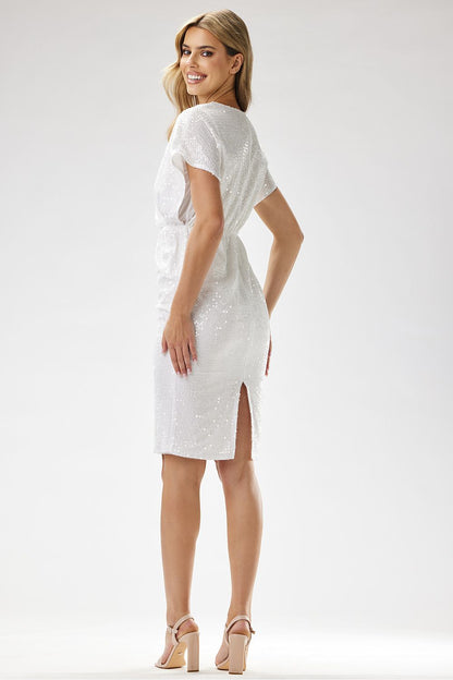 Full view of the Awama strapless sequin midi dress showcasing its elegant fitted cut that accentuates the waist and adds sophistication.