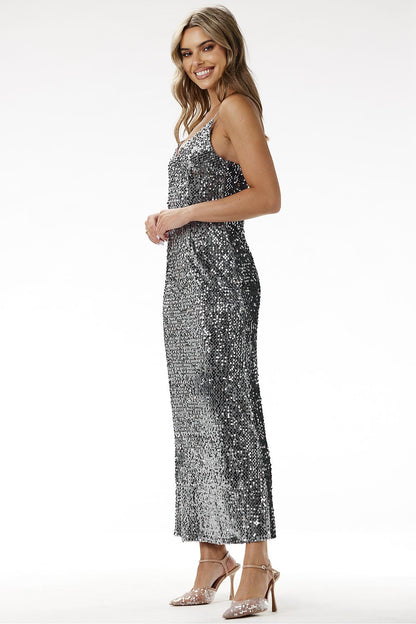 Elegant evening maxi dress from Awama featuring dazzling sequins and a luxurious velour design, perfect for special occasions.