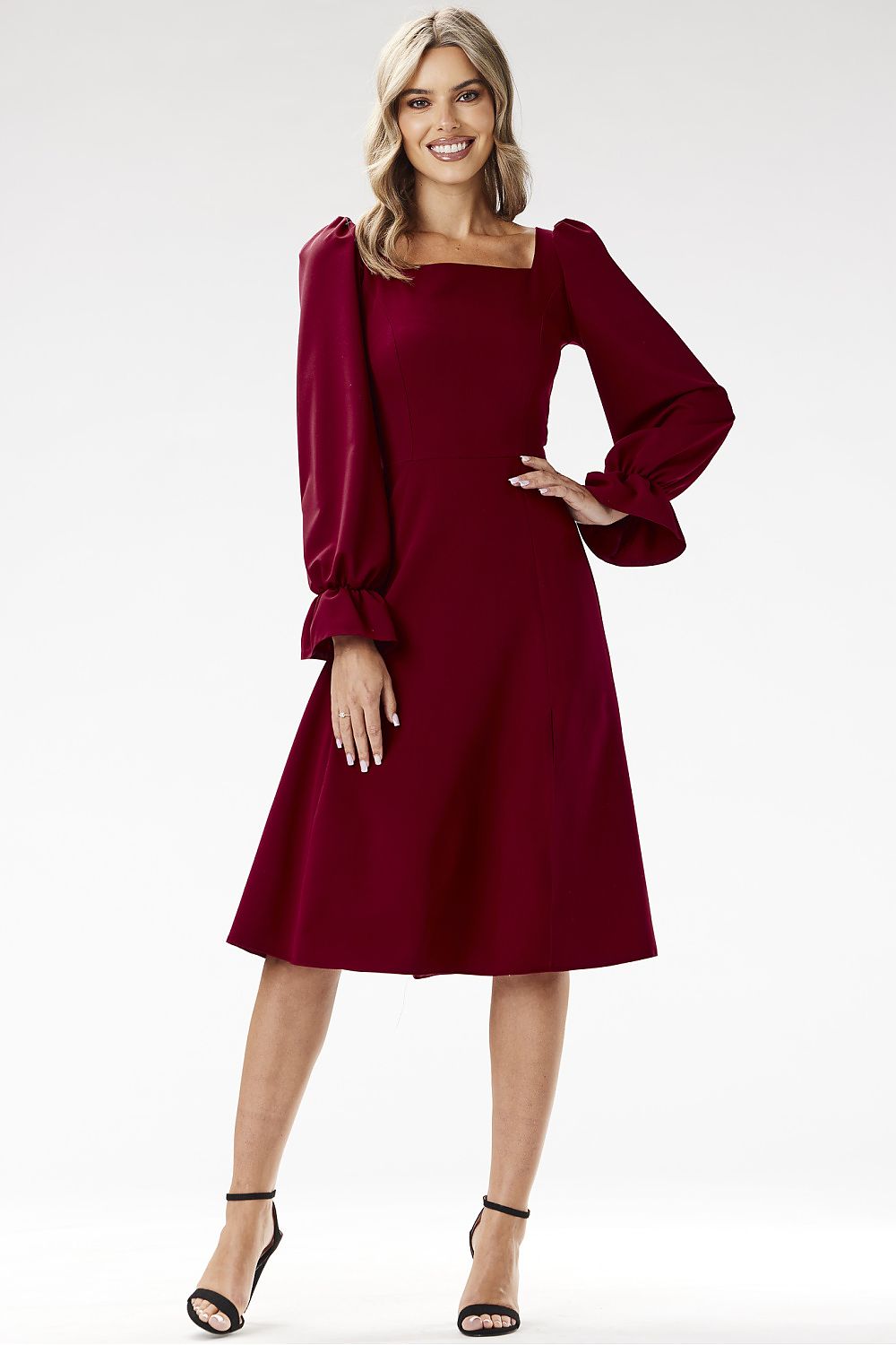 Elegant Midi Dress with Mock Neckline by Awama, showcasing chic design perfect for evening occasions, EU S-XL, detailed with long sleeves and covered zipper.
