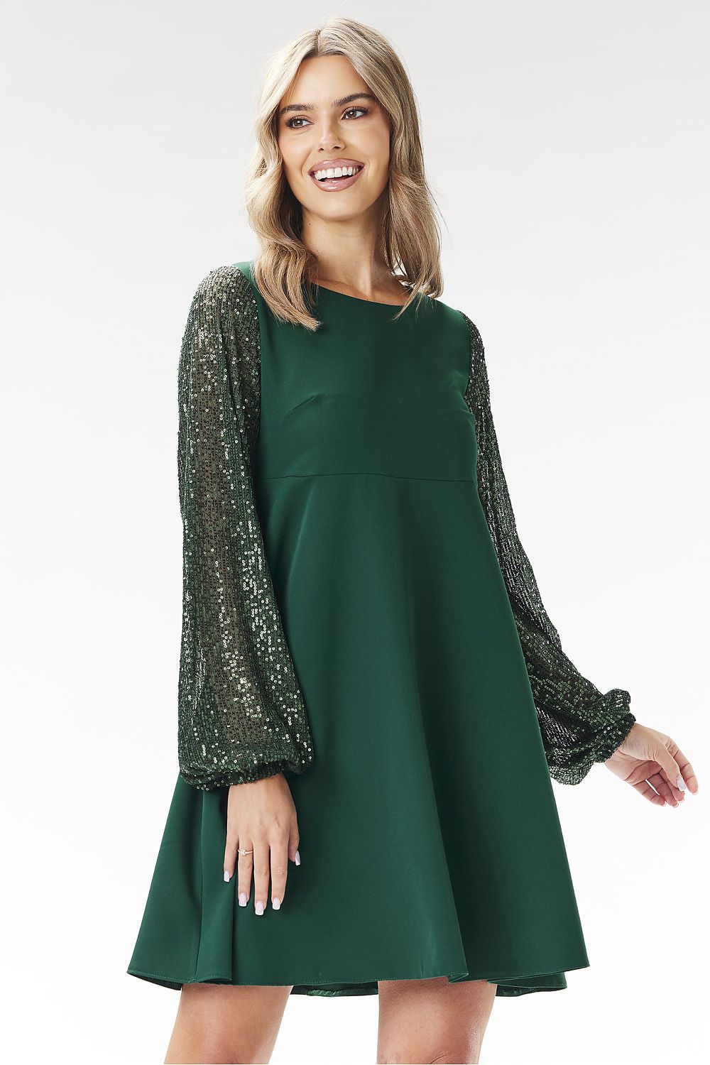 Awama elegant trapezoidal mini dress featuring sequined sleeves, designed for luxurious occasions in EU sizes S to XL.