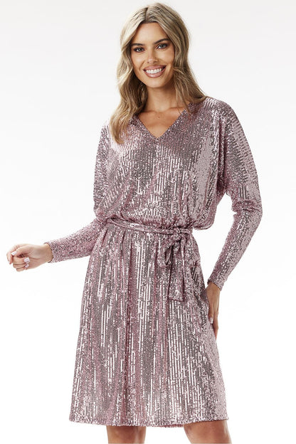 Elegant sequined midi dress with V-neck design by Awama, showcasing a shimmering trapeze silhouette perfect for evening events.