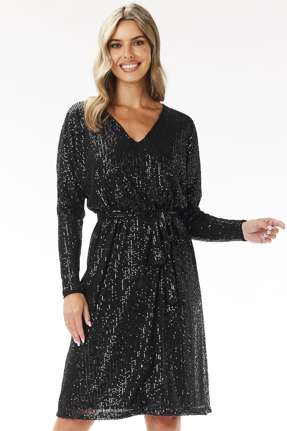Elegant sequined midi dress by Awama featuring a stunning V-neck design, perfect for evening events.