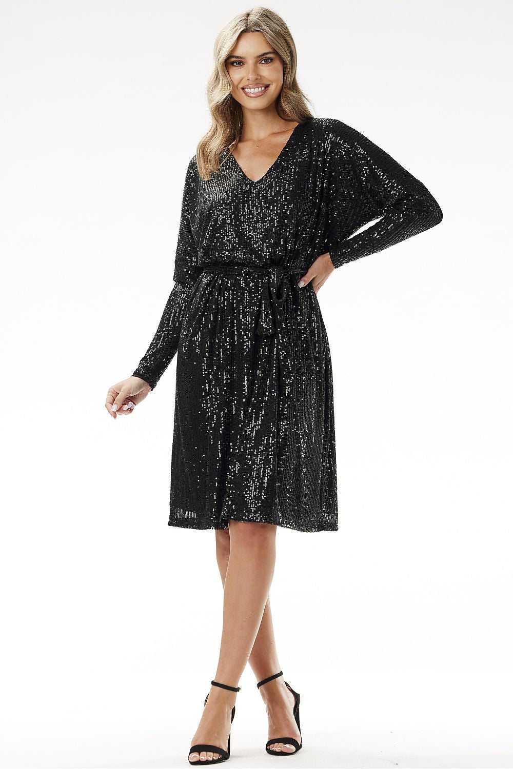 Trapeze cut midi dress with shimmering sequins by Awama, ideal for holidays and sophisticated occasions.