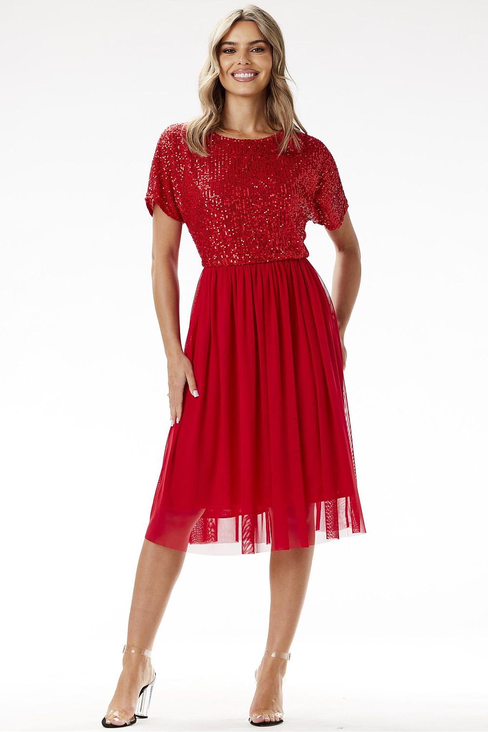 Stunning close-up of the Awama Kimono Evening Dress showcasing intricate sequins and tulle detailing, designed for elegance and comfort at formal events.