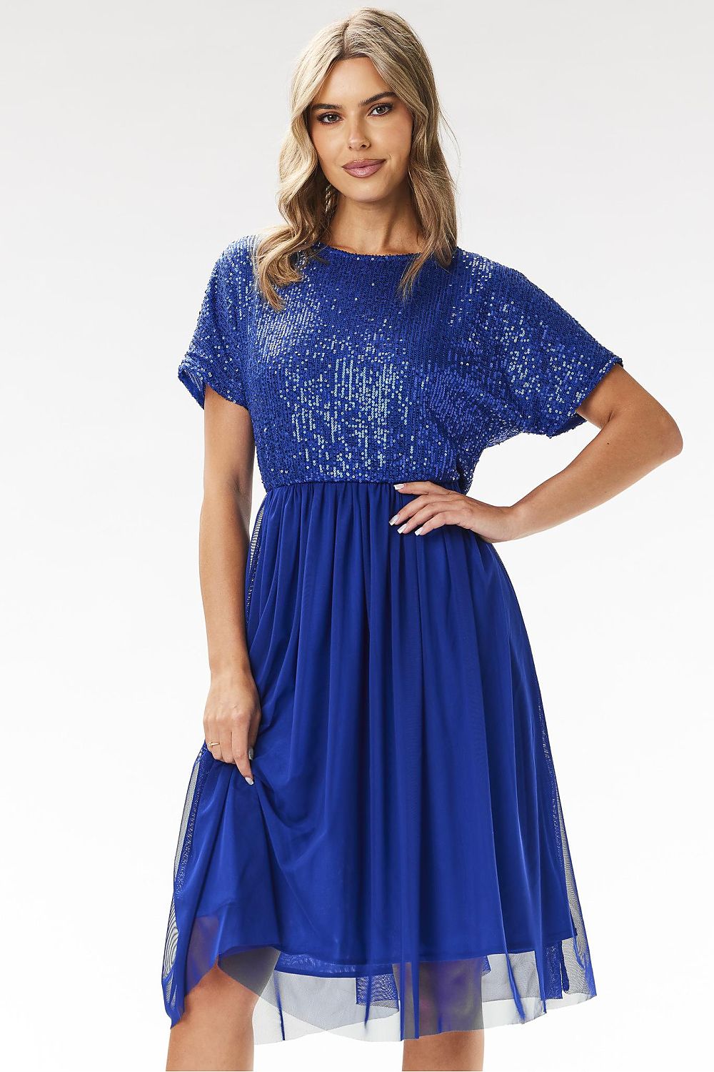 Model wearing Awama's stunning kimono evening dress with sequins, capturing a luxurious look for holiday parties and events.