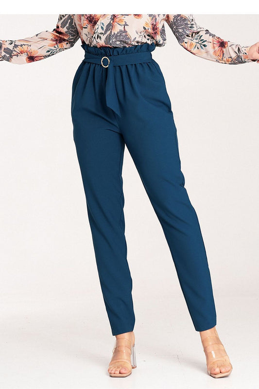 Elegant Figl trousers for women featuring a luxurious gold buckle, available in EU S-XL and US S-XL sizes. These tapered, pleated trousers are made from 100% polyester, perfect for sophisticated styling.