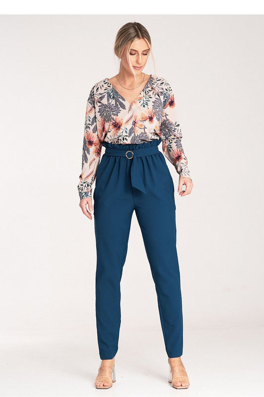 Elegant women's Figl trousers featuring a tapered silhouette and gold decorative buckle, showcasing luxurious pleated design and side seam pockets.