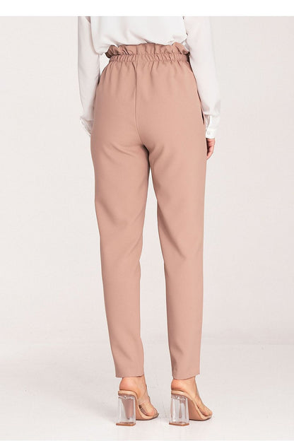 Elegant women's Figl trousers with a gold belt buckle, tapered and pleated design, showcasing luxury fashion.