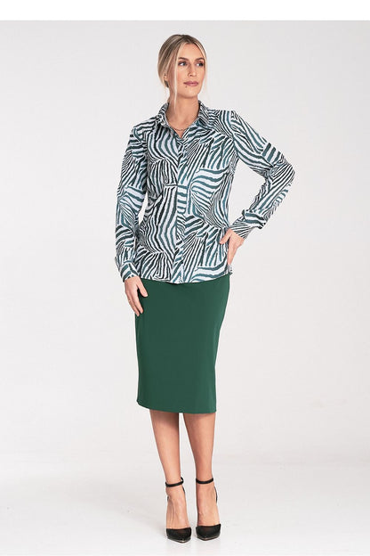 Stylish Figl women's long sleeve shirt with silver snap closure, accentuating a luxurious design suitable for any occasion.