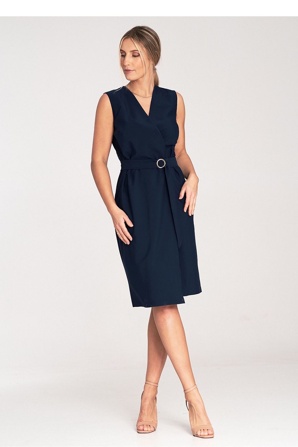 Elegant Figl sleeveless midi dress with gold buckle detail, showcasing the luxurious fabric and sophisticated design.