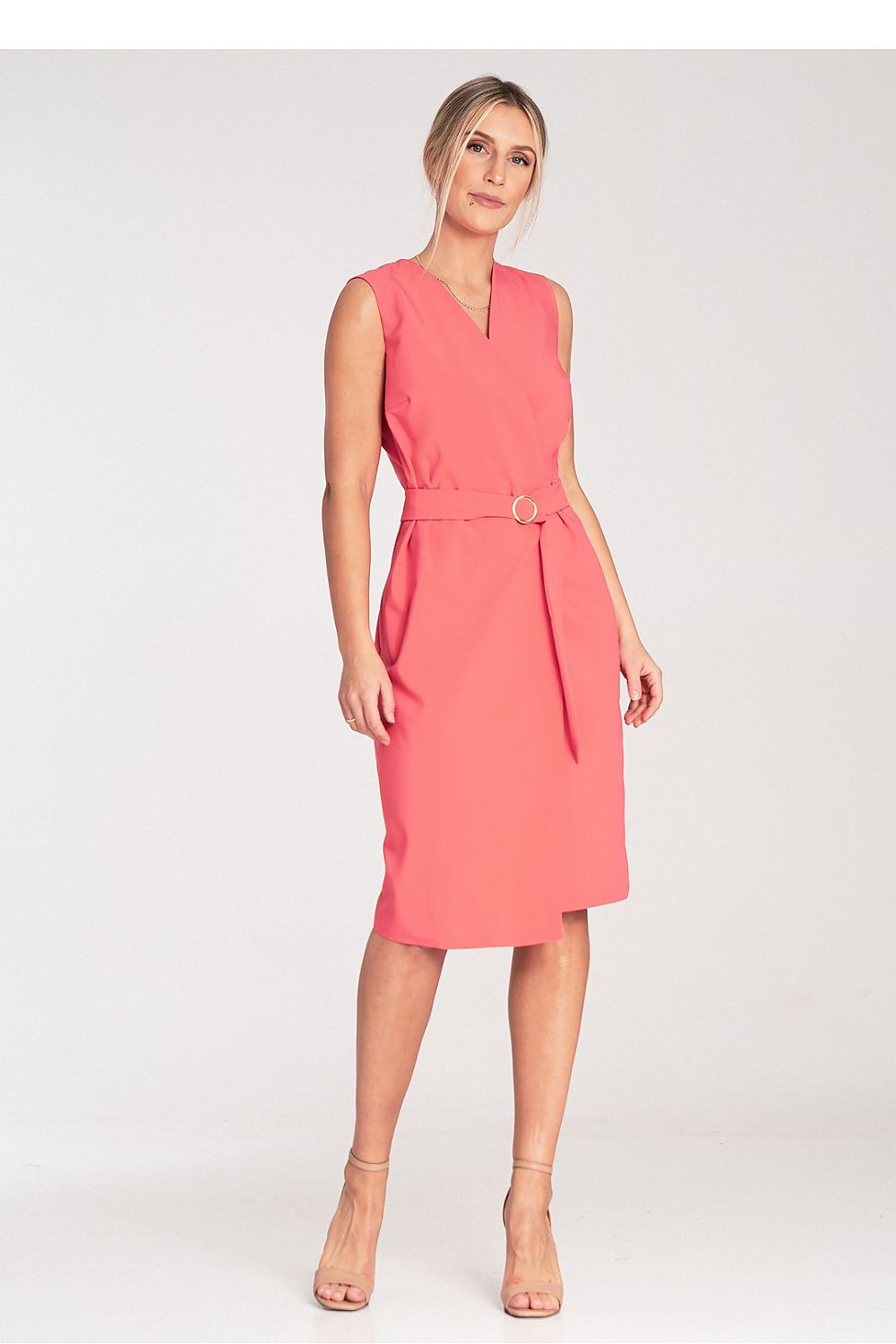 Back view of the Figl elegant midi dress, featuring a wrap neckline and tailored fit, ideal for a polished look.