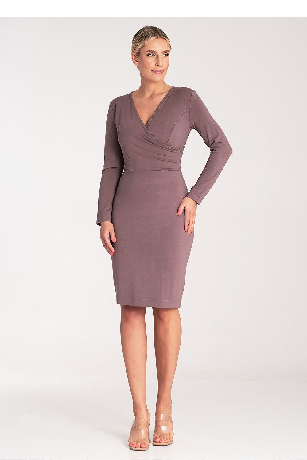 Elegant Fitted V-Neck Day Dress by Figl, featuring long sleeves and a sophisticated concealed zipper.
