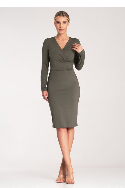 Luxury fitted V-neck day dress by Figl showcasing long sleeves and a concealed zipper, perfect for elegant daywear.
