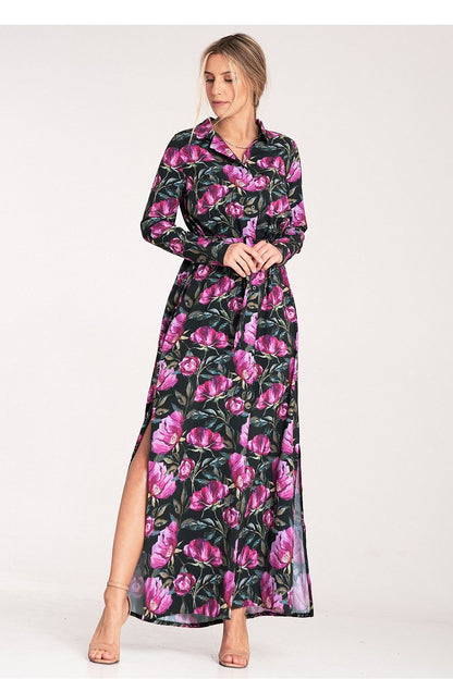 Elegant Figl Maxi Dress featuring long sleeves, a waist tie, and stylish side slits. Perfect for sophisticated occasions.