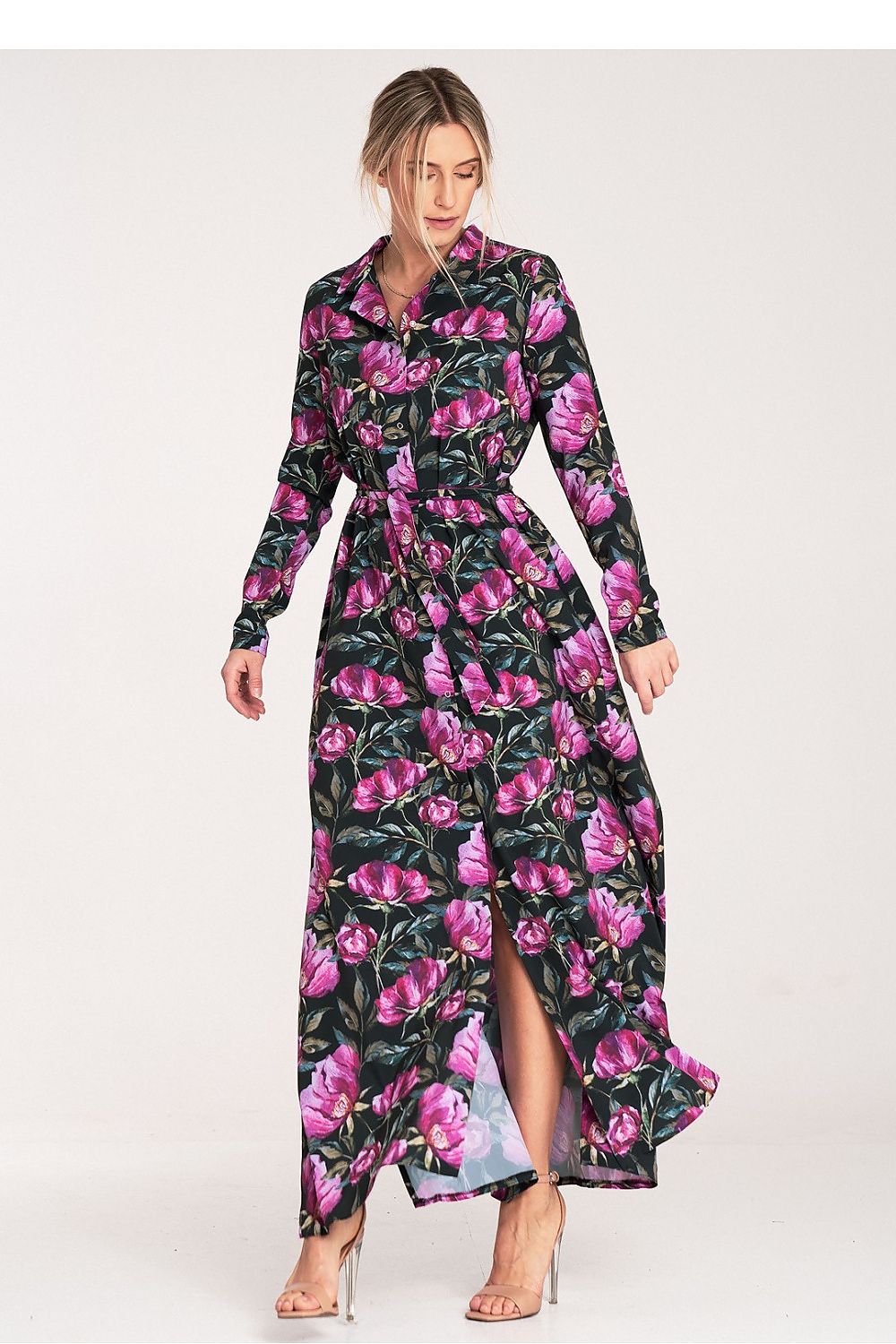 Luxurious Figl Maxi Dress in flowing material with collar and long sleeves, ideal for chic evening wear.