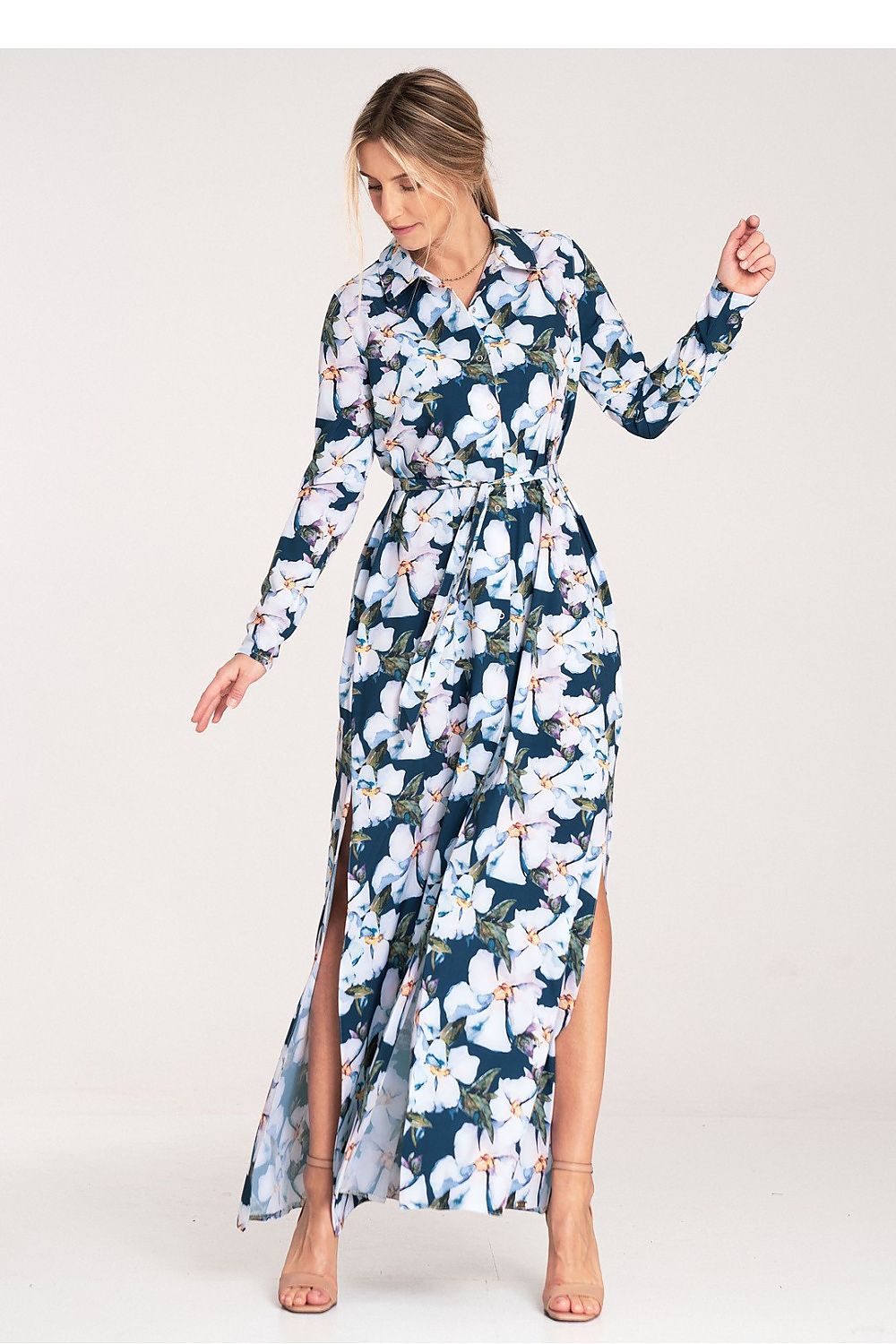 Elegant Figl Maxi Dress with long sleeves, waist tie and side slits, perfect for sophisticated evening wear.