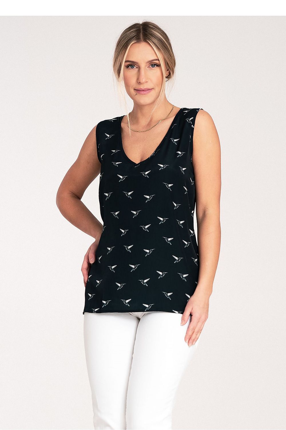 Close-up of Figl Women's blouse showcasing the premium polyester fabric and thick shoulder strap detail.