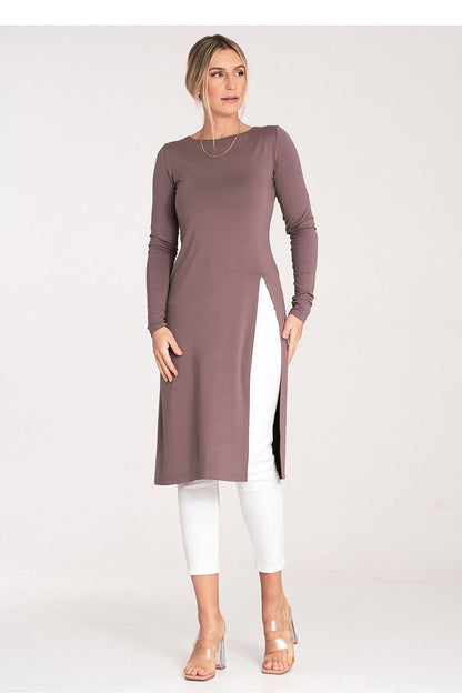 Elegant Figl long sleeve tunic dress with striking side slit, perfect for stylish layering.