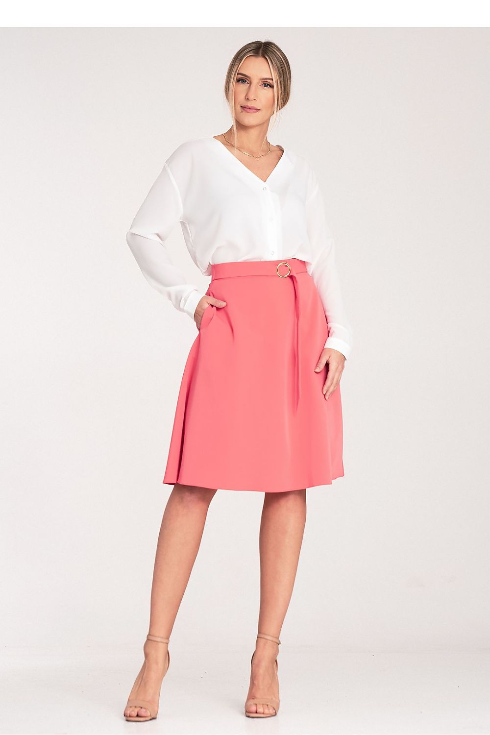 Figl Women's Flared Knee-Length Skirt in luxurious polyester and viscose blend, featuring elegant side seam pockets and a stylish decorative belt buckle, perfect for sophisticated casual wear.