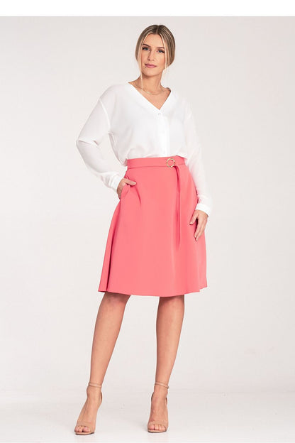 Figl Women's Flared Knee-Length Skirt in luxurious polyester and viscose blend, featuring elegant side seam pockets and a stylish decorative belt buckle, perfect for sophisticated casual wear.
