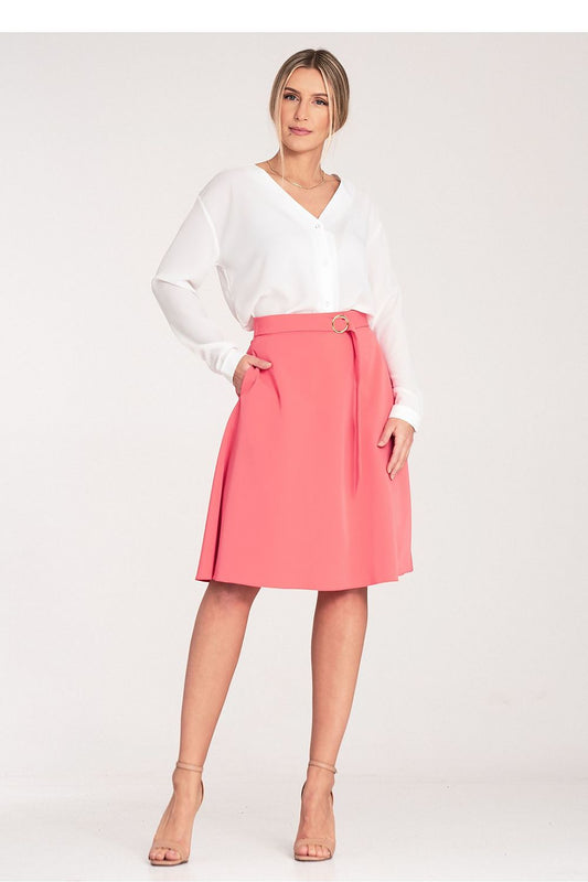 Figl Women's Flared Knee-Length Skirt in luxurious polyester and viscose blend, featuring elegant side seam pockets and a stylish decorative belt buckle, perfect for sophisticated casual wear.