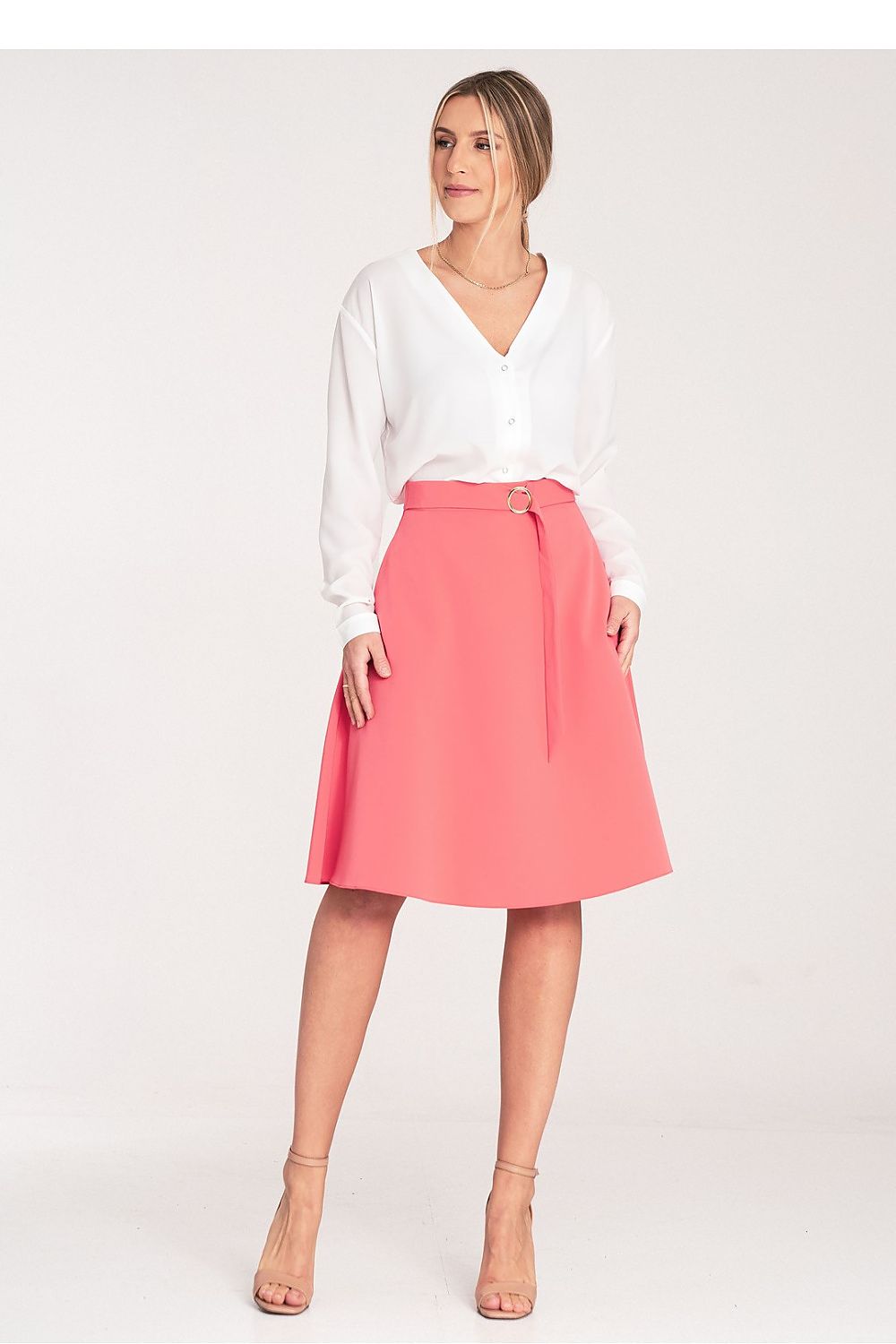Elegant Figl women's flared knee-length skirt with pockets, featuring a decorative belt buckle for a touch of luxury.