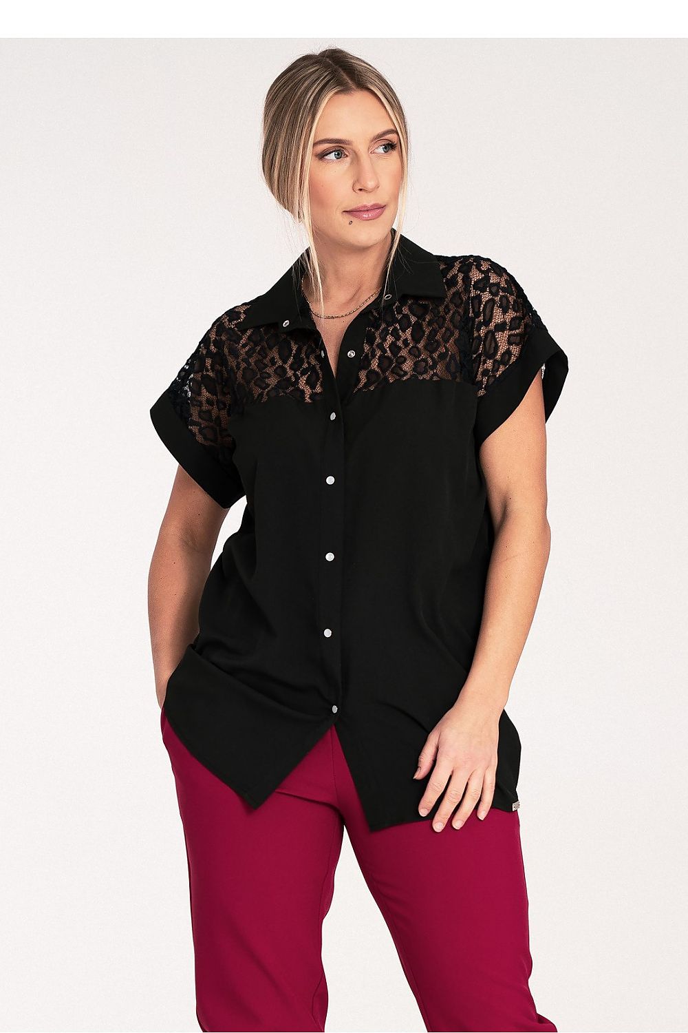 Elegant short sleeve see-through shirt by Figl showcasing a classic collar and unique mottled design, perfect for a luxurious summer wardrobe.