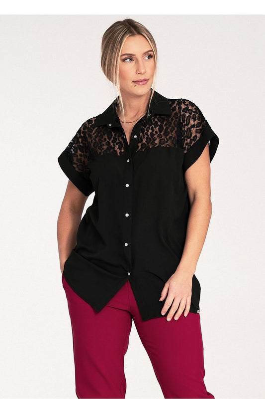 Elegant short sleeve see-through shirt by Figl showcasing a classic collar and unique mottled design, perfect for a luxurious summer wardrobe.