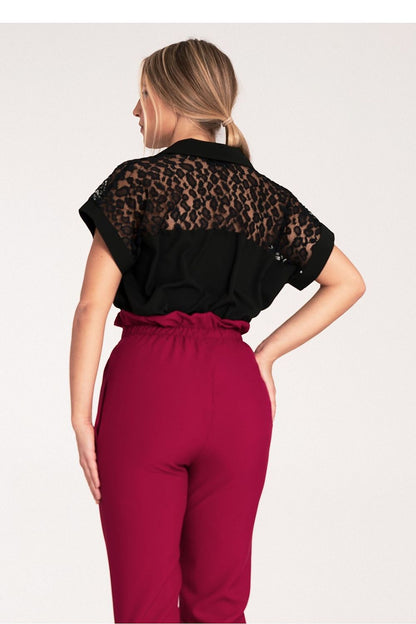 Elegant short sleeve see-through shirt by Figl, showcasing a classic collar and mottled design.