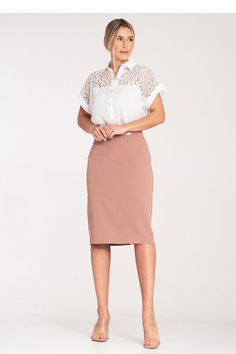 Elegant short sleeve see-through shirt by Figl, featuring a classic collar and stylish mottled design, perfect for sophisticated casual wear.